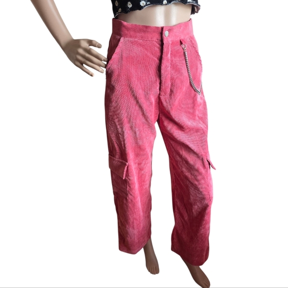 Women's Pink Corduroy High-Rise Flared Leg Silver Chain Detail Cargo Pants - Picture 6 of 16